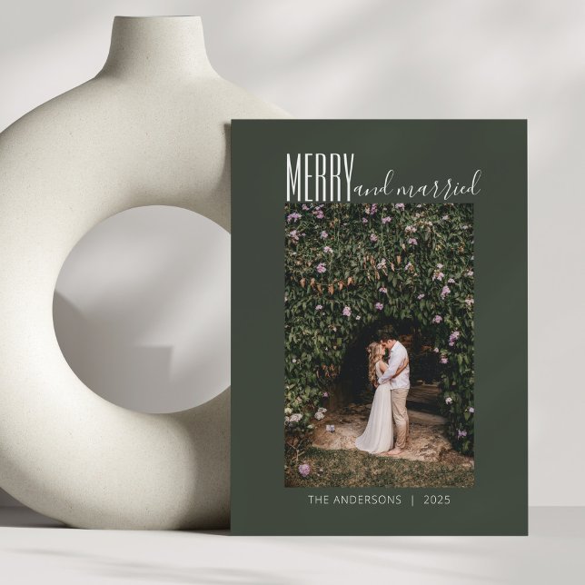 Cartes Pour Fêtes Annuelles Minimaliste Joyeux Marié Mariage Photo Vert foncé (Créateur téléchargé)