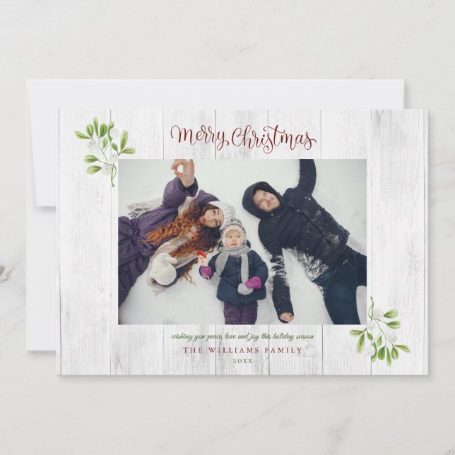 Cartes Pour Fêtes Annuelles Mistletoe Rustic Wood Joyeux Noël Photo (Devant)