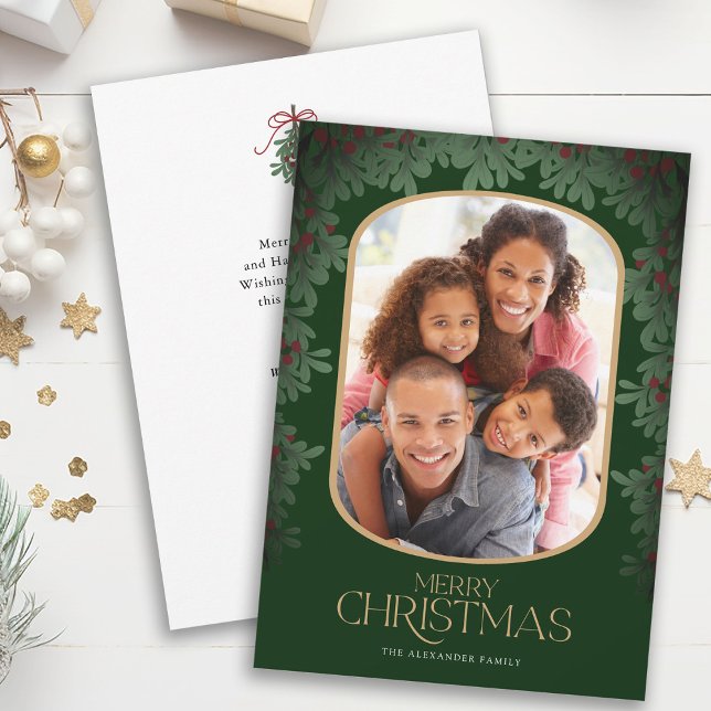 Cartes Pour Fêtes Annuelles Mistletoe vert d'hiver arrondi Photo Noël (Créateur téléchargé)