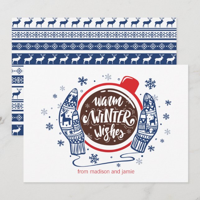 Cartes Pour Fêtes Annuelles Mittens Et cacao Chaleureux Souhaits Hiver (Devant / Derrière)