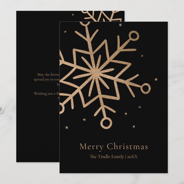Cartes Pour Fêtes Annuelles Modern Black Gold Snow Flake Script Christmas    (Devant / Derrière)