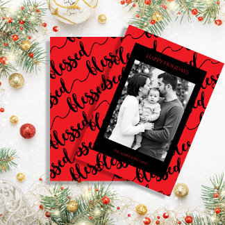 Cartes Pour Fêtes Annuelles Modern Black & Red “Blessed” Script Photo