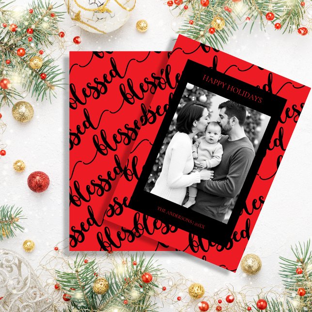 Cartes Pour Fêtes Annuelles Modern Black & Red “Blessed” Script Photo (Modern Black & Red “Blessed” Script Photo Holiday Card)