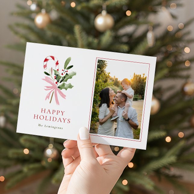 Cartes Pour Fêtes Annuelles Modern Candy Cane Holly & Bow Photo Holiday Card (Créateur téléchargé)