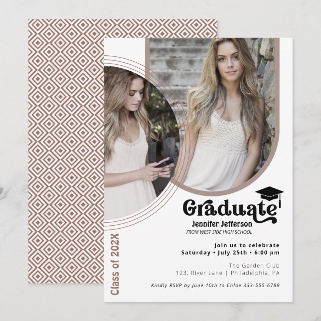 Cartes Pour Fêtes Annuelles Modern Chic 2 photos Graduation Party tons terre (Devant / Derrière)