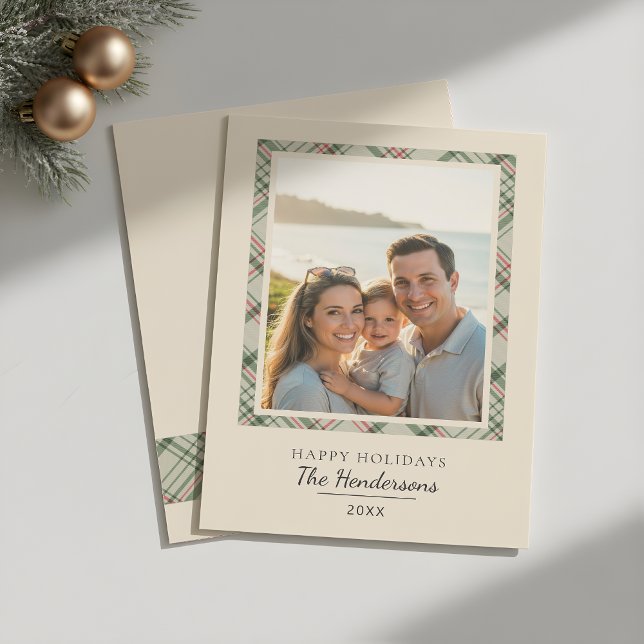 Cartes Pour Fêtes Annuelles Modern Christmas Photo Sage Green Tartan Plaid (Créateur téléchargé)