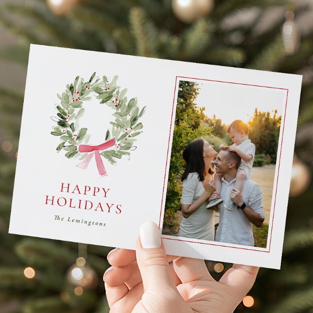 Cartes Pour Fêtes Annuelles Modern Greenery Wreath & Bow Photo Holiday Card (Créateur téléchargé)
