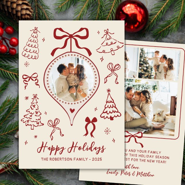 Cartes Pour Fêtes Annuelles Modern Hand-Drawn Red Bows Photo Christmas Happy  (Créateur téléchargé)