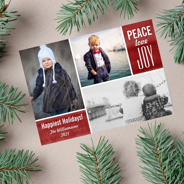 Cartes Pour Fêtes Annuelles Modern Holiday Red Peace Love Joy Photo Collage (Créateur téléchargé)