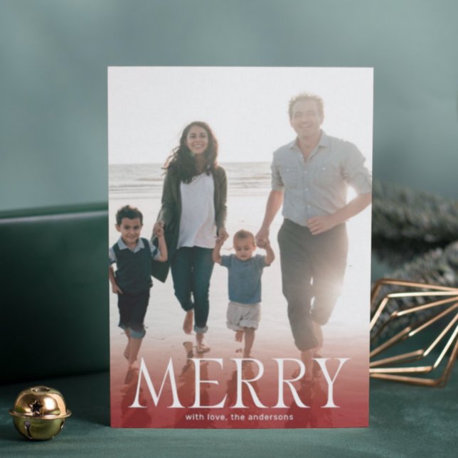 Cartes Pour Fêtes Annuelles Modern MERRY Blanc Overlay Photo Marron Rouge (Créateur téléchargé)