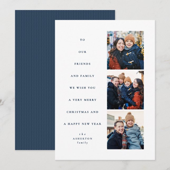 Cartes Pour Fêtes Annuelles Modern minimal Christmas tree three photo navy (Devant / Derrière)