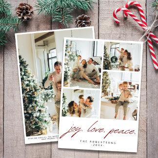 Cartes Pour Fêtes Annuelles Modern Minimalist Joy Love Peace 5 Photo Red