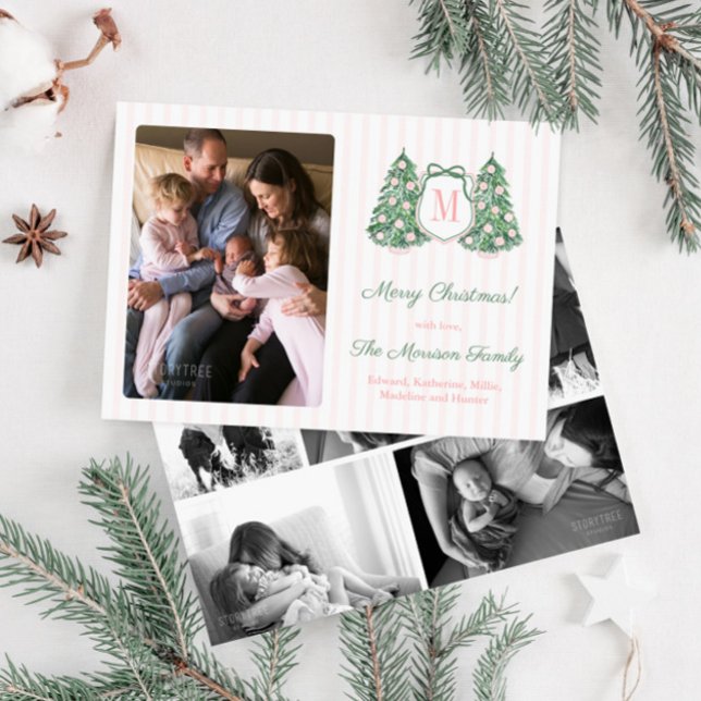 Cartes Pour Fêtes Annuelles Modern Preppy Pink Green Monogram Bow Photo  (Preppy pink and green photo collage holidays card with modern stripes and bow detail)