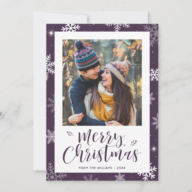 Cartes Pour Fêtes Annuelles Modern Purple Snowflake Photo Christmas (Devant)