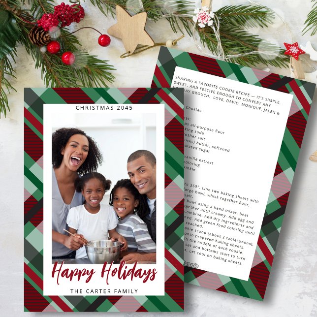 Cartes Pour Fêtes Annuelles Modern Red Green Plaid Photo Happy Holidays  (Share a family recipe, tradition, memory, or year in review on the back for unique keepsake card.)