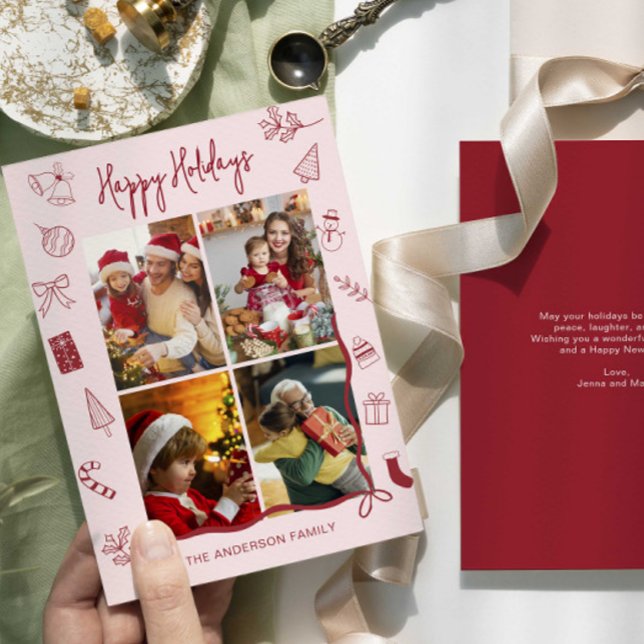 Cartes Pour Fêtes Annuelles Modern Red Pink Holiday Family Collage (Créateur téléchargé)