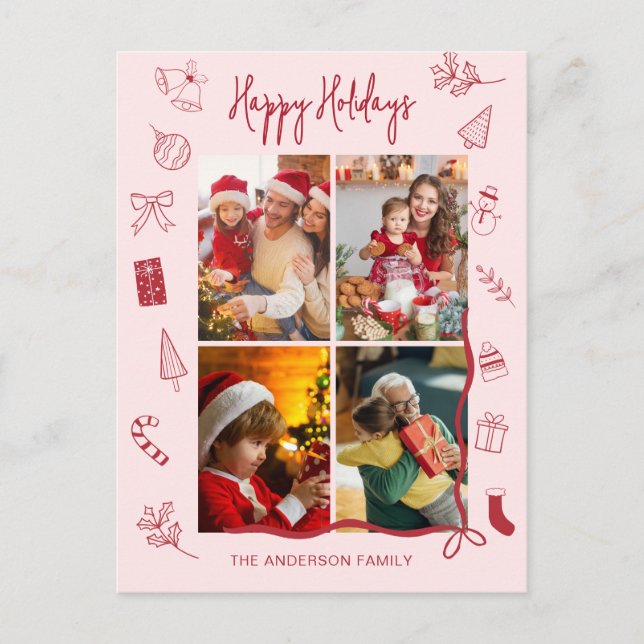 Cartes Pour Fêtes Annuelles Modern Red Pink Holiday Family Collage (Devant)