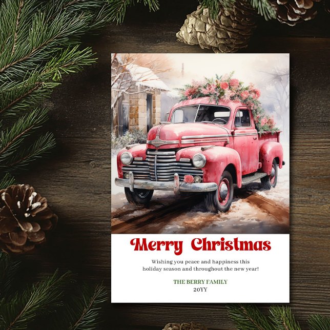 Cartes Pour Fêtes Annuelles Modern rustic Christmas scene pink truck card art (Modern rustic Christmas scene pink car card art)