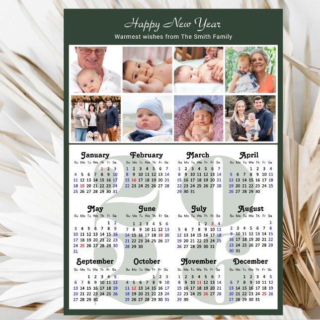 Cartes Pour Fêtes Annuelles Modern Sage Green 2025 Calendrier Famille 8 Photo (Créateur téléchargé)