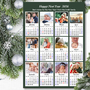Cartes Pour Fêtes Annuelles Modern Sage Green 2026 Calendrier 12 Photo Collage