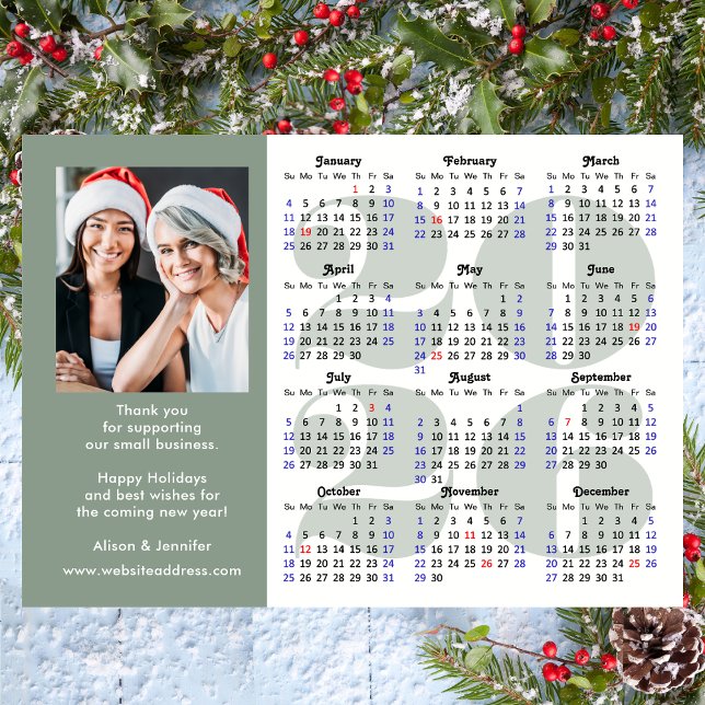 Cartes Pour Fêtes Annuelles Modern Sage Green 2026 Calendrier photo d'entrepri (Créateur téléchargé)
