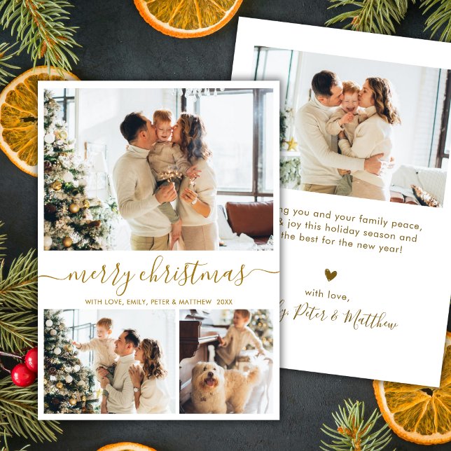Cartes Pour Fêtes Annuelles Modern Script 3 Photo Collage Gold White Christmas (Créateur téléchargé)
