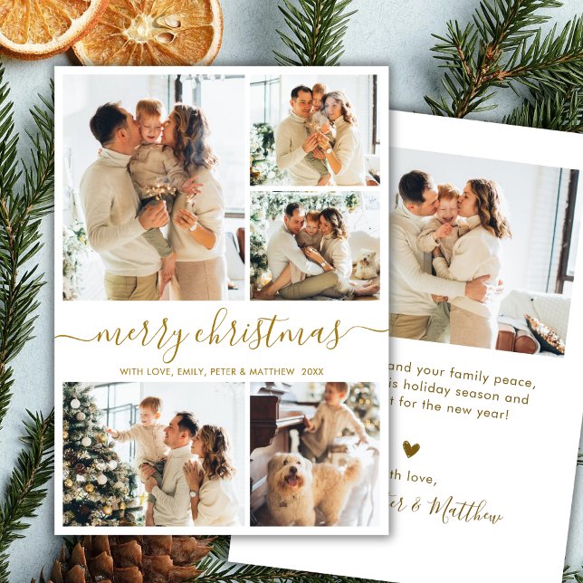 Cartes Pour Fêtes Annuelles Modern Script 5 Photo Collage Gold White Christmas (Créateur téléchargé)
