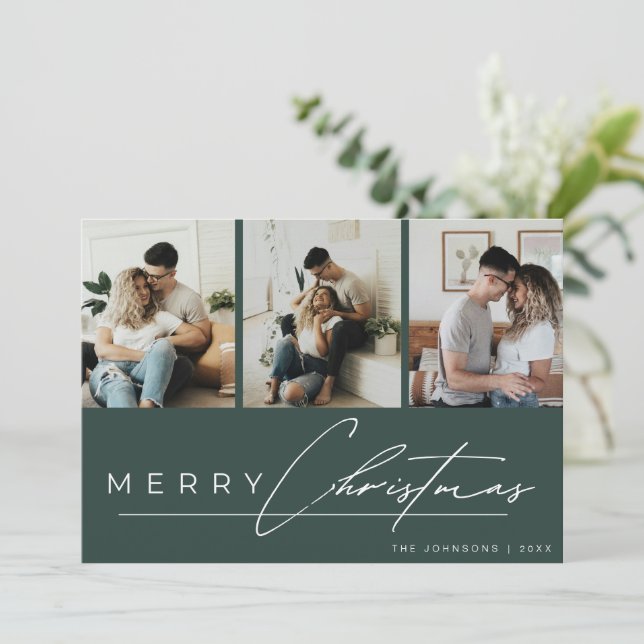 Cartes Pour Fêtes Annuelles Modern Script Photo Collage Green Merry Christmas (Debout devant)