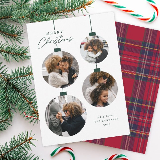 Cartes Pour Fêtes Annuelles Modern Simple Christmas Ornament 4 Photo (Modern 4 Photo Christmas Treen Ornament Holiday Cards.)