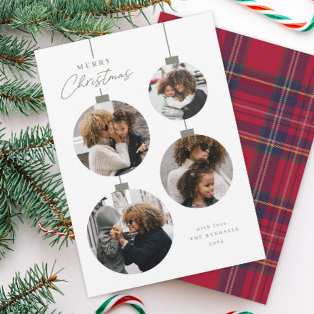 Cartes Pour Fêtes Annuelles Modern Simple Christmas Ornament 4 Photo (Modern Sage Green 4 Photo Collage Ornament Christmas Cards.)