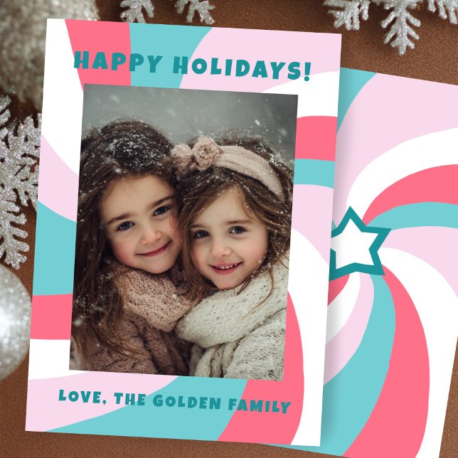 Cartes Pour Fêtes Annuelles Modern Swirl HAPPY HOLIDAYS CUSTOM PHOTO (Modern Swirl HAPPY HOLIDAYS CUSTOM PHOTO Christmas Pink Green Holiday Card
)