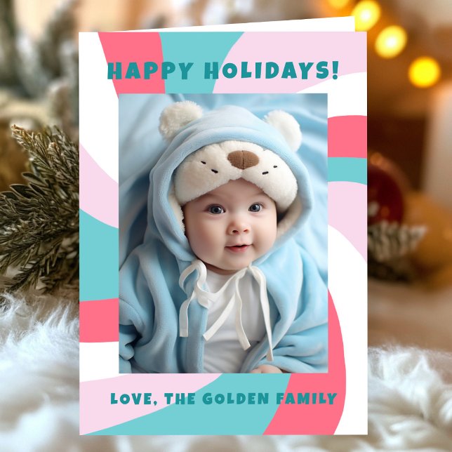 Cartes Pour Fêtes Annuelles Modern Swirl HAPPY HOLIDAYS CUSTOM PHOTO (Modern Swirl HAPPY HOLIDAYS Pink Green CUSTOM PHOTO Holiday Card
)