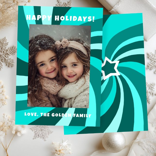 Cartes Pour Fêtes Annuelles Modern Swirl HAPPY HOLIDAYS CUSTOM PHOTO (Modern Swirl HAPPY HOLIDAYS CUSTOM PHOTO Green Christmas Holiday Card
)