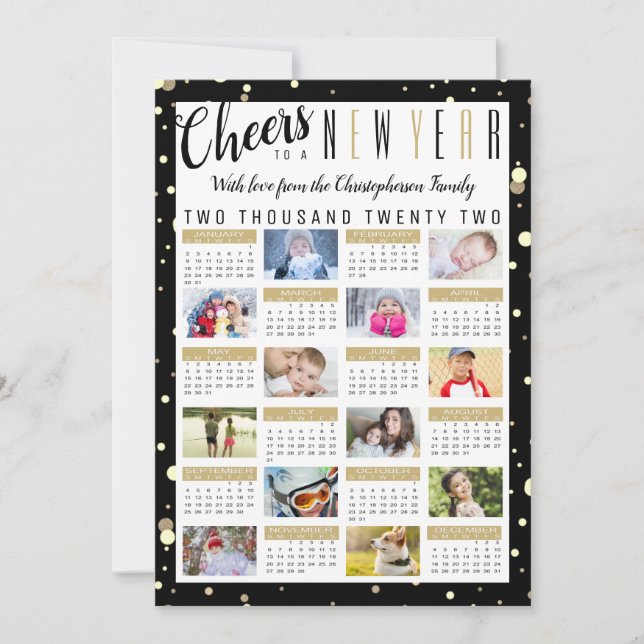 Cartes Pour Fêtes Annuelles Moderne 2022 Calendrier CHEERS NEW YEAR Photo Coll (Devant)