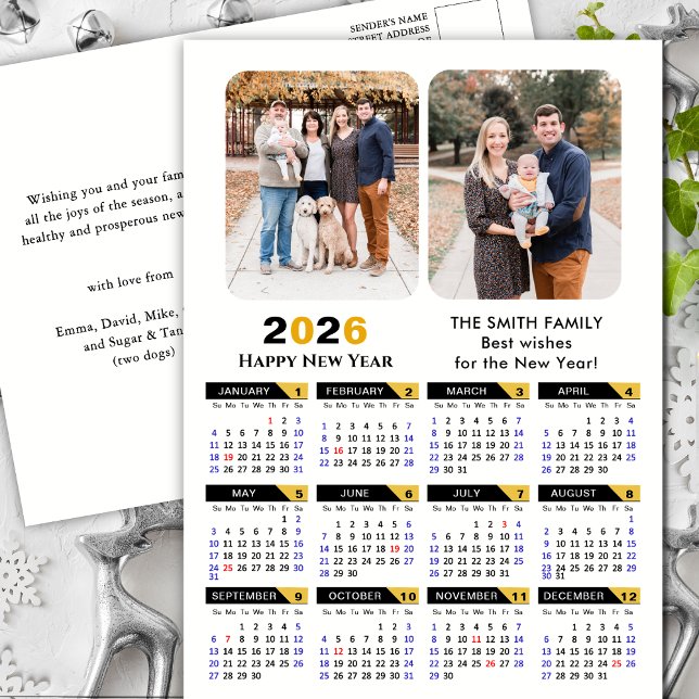 Cartes Pour Fêtes Annuelles Moderne 2026 Calendrier Famille 2 Photo Black Gold (Créateur téléchargé)