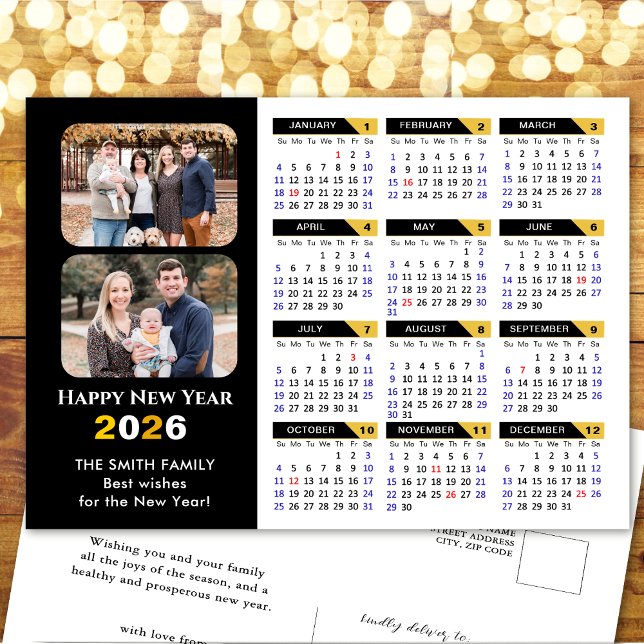 Cartes Pour Fêtes Annuelles Moderne 2026 Calendrier Famille 2 Photo Black Gold (Créateur téléchargé)