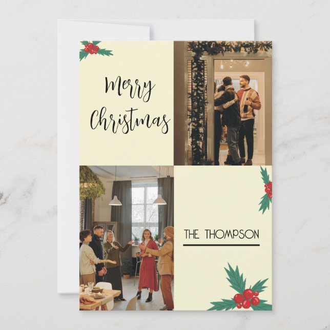 Cartes Pour Fêtes Annuelles Moderne Chic Holly Berries Joyeux Noël 2 Photo (Devant)