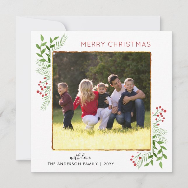 Cartes Pour Fêtes Annuelles Moderne Chic Joyeux Noël Feuilles Berries Photo (Devant)