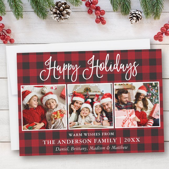 Cartes Pour Fêtes Annuelles Moderne Fun Calligraphie 3 Photo Plaid (Customize to add text to back of card.)