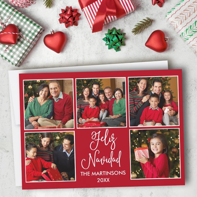 Cartes Pour Fêtes Annuelles Moderne Fun Calligraphie 5 Photo Feliz Navidad Red (Customize to add text to back of card.)