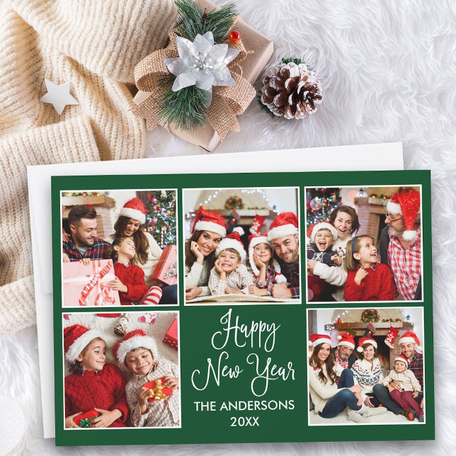 Cartes Pour Fêtes Annuelles Moderne Fun Calligraphie Vert 5 Photo Nouvel An (Customize to add text to back of card.)