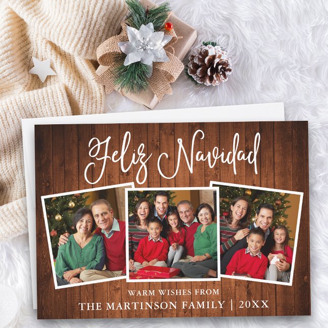Cartes Pour Fêtes Annuelles Moderne Fun Calligraphie Wood 3 Photo Feliz Navida (Customize to add text to back of card. )