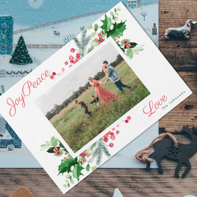 Cartes Pour Fêtes Annuelles Moderne | Joy Peace Love | Photo du feuillage vert (Créateur téléchargé)