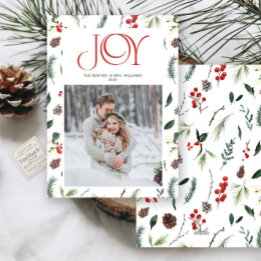 Cartes Pour Fêtes Annuelles Moderne Joy Red Berry Botanical Photo Mr & Mrs.