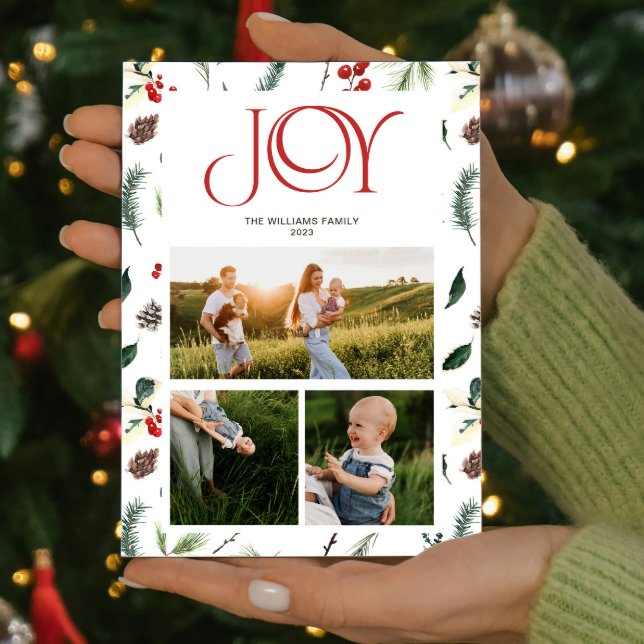 Cartes Pour Fêtes Annuelles Moderne Joy Red Berry Botanique 3 Photo Noël (Spread some cheer and share your favorite moments with this one-of-a-kind holiday card. )