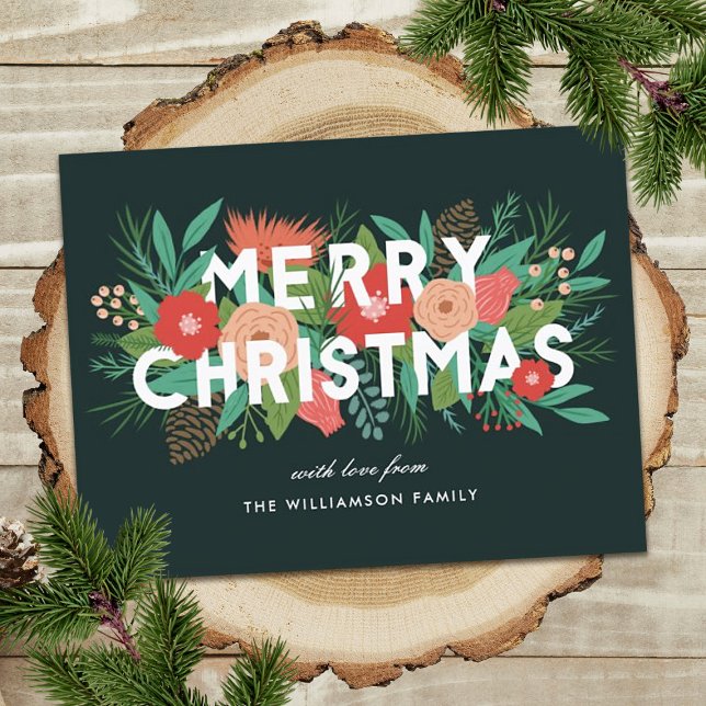 Cartes Pour Fêtes Annuelles Moderne Joyeux Noël Bold Floral Nom de famille (Créateur téléchargé)
