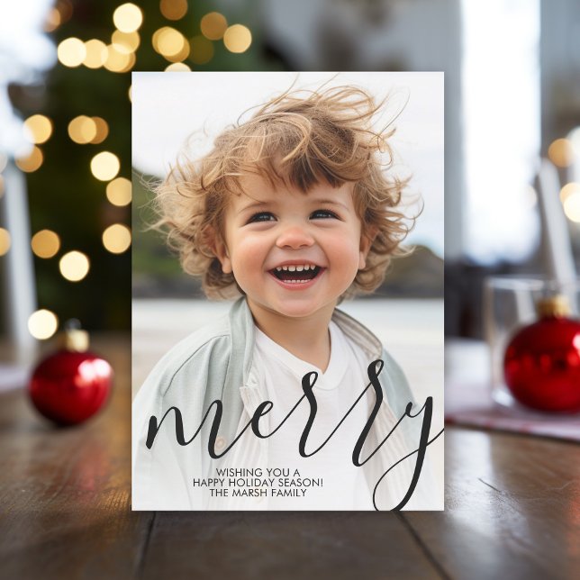 Cartes Pour Fêtes Annuelles Moderne Joyeux Noël Calligraphie Noir (Modern, minimal Christmas Greeting card with a large photo and script text.)