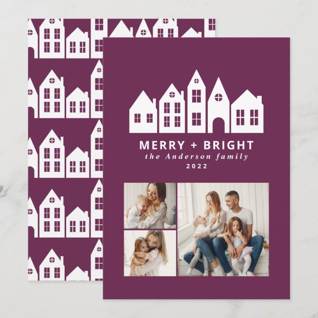 Cartes Pour Fêtes Annuelles Moderne minima Noël maisons violet 3 photo (Devant / Derrière)