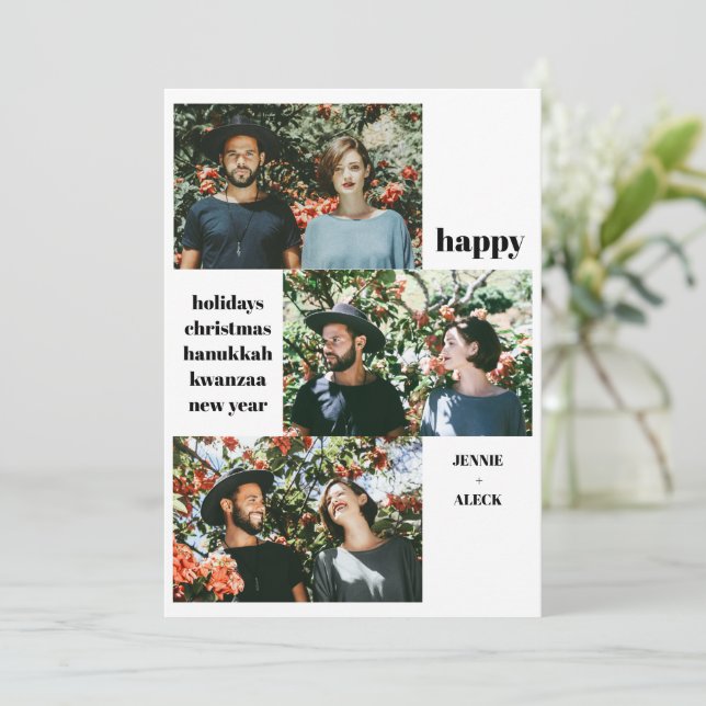 Cartes Pour Fêtes Annuelles Moderne Noël en noir et blanc à 3 photos (Debout devant)