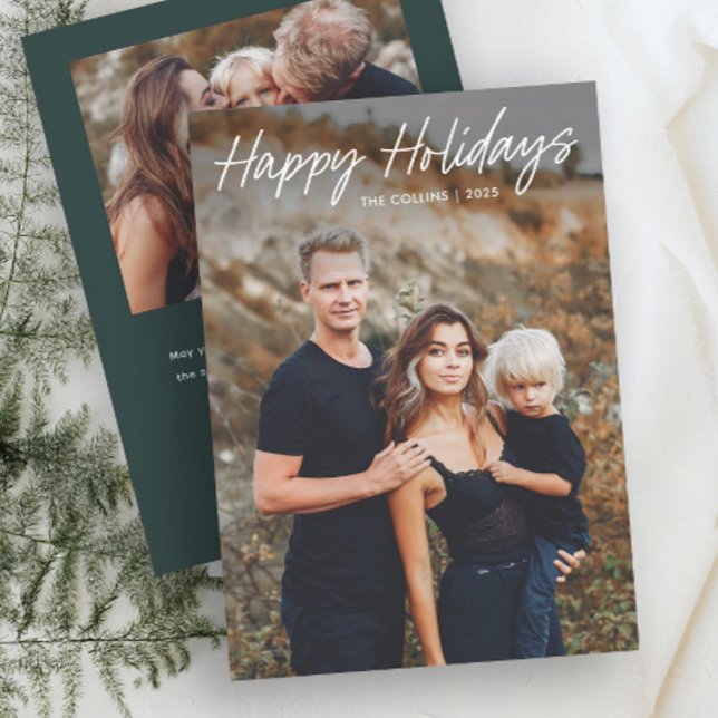 Cartes Pour Fêtes Annuelles Moderne Photo à main levée 2  (Simple Hand Lettered 2 Photo Holiday Cards.)